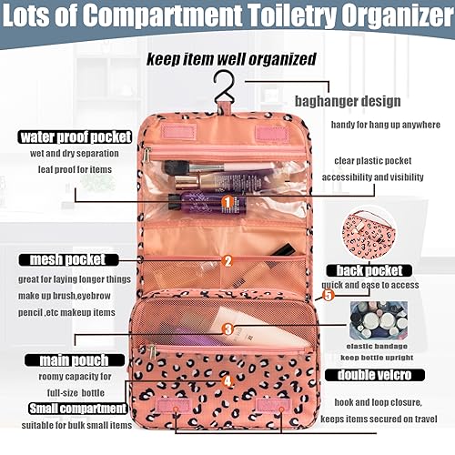 L&FY Hanging Travel Toiletry Bag Women's Cosmetic Organizer Makeup Pouch Men's Dopp Kits With Handle(Pink Leopard) - color: Pink Leopard, size: Compact Size