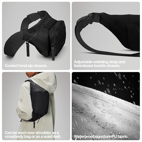 RAINS Bum Bag Mini - Black Waterproof Unisex Bum Bag for Men and Women - Black Sling Bag with Coated Zip Closure and Adjustable Strap - Water Repellent - 2 Year Warranty - size: Mini