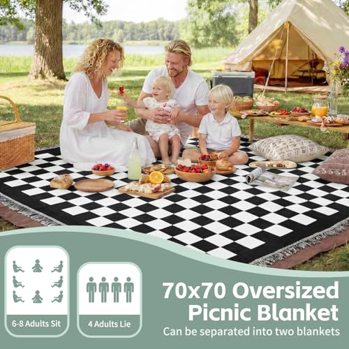 2 in 1 Extra Large Boho Beach Blanket Towel Picnic Mat Outdoor Rug Adult Men Guy Him Brother Dad Boyfriend Uncle Niece Best Friend Friendship Grandpa Husband Son Happy Birthday Cool Unique Gift - color: Checkered Black