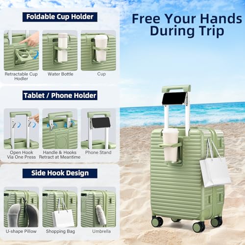 HanTrip 20 Inch Carry on Luggage 22x14x9 Airline Approved Hard Shell Suitcases with Wheels, Top Opening Expandable Carry on Luggage with Cup Holder Small Rolling Suitcase with Lock, Bamboo Green - color: Bamboo Green, size: Expandable 20 Inch