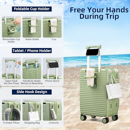 HanTrip 20 Inch Carry on Luggage 22x14x9 Airline Approved Hard Shell Suitcases with Wheels, Top Opening Expandable Carry on Luggage with Cup Holder Small Rolling Suitcase with Lock, Bamboo Green - color: Bamboo Green, size: Expandable 20 Inch