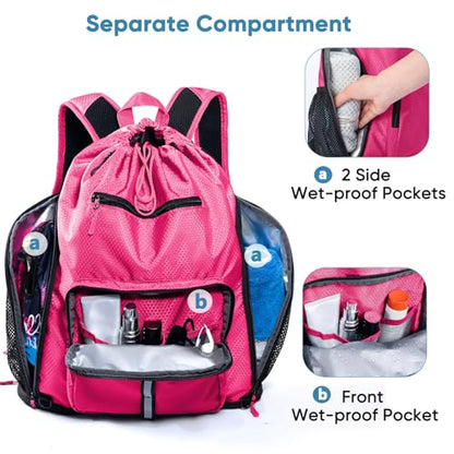 Large Beach Backpack Waterproof Sandproof - Customized Oversized Drawstring Pool Bag with Shoe Compartment for Toiletries, Towels, Gym, Travel - color: Pink
