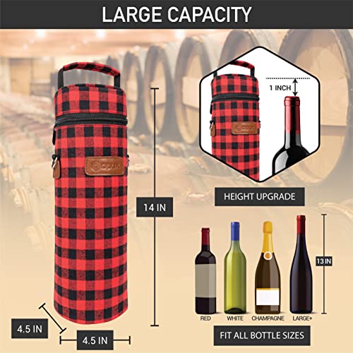 opux Wine Bag Single Bottle Carrier Tote, Insulated Wine Cooler Bag for Travel Picnic Beach with Shoulder Strap, Thermal One Bottle Holder Carrying Case Wine Gift for Women Men, Plaid Buffalo Red - color: Buffalo Plaid Red