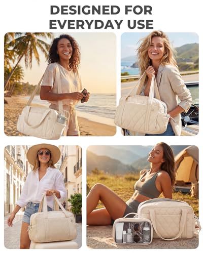 Percover Weekender Bag for Women, Ultra Lightweight Travel Duffle, Carry On Personal Item Overnight Bag with Toiletry Pouch & Compartments, Quilted Gym & Travel Bag, Ivory Beige - color: Ivory Beige