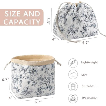 uekeboag Cotton Quilted Drawstring Makeup Bag with Canvas Lining,Coquette Aesthetic Cute Travel Toiletry Bag,Drawstring Gift Bag for Women and Girls（16Dark Blue） - color: 16Dark Blue