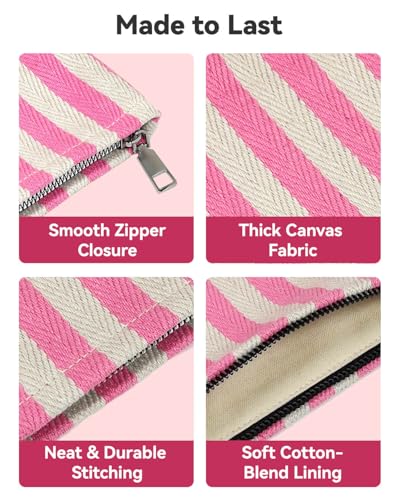 2 Pcs Makeup Bag Set, Women Gifts, Travel Cosmetic Bags, Canvas Make up Bag for Purse, Pink Striped Makeup Pouch with Zipper Lining, Cosmetic Storage Car Organizer, Portable Large & Small Toiletry - style: Striped Pink Canvas