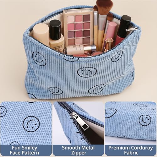 Smiley Face Makeup Bag - Cute Blue Corduroy Small Toiletry Bags for Women, Soft Mini Skincare Organizer, Small Zipper Pouch For Travel Use - color: Blue