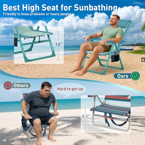 Suteck Tall Beach Chair 2 Pack, Backpack Beach Chair for Adults with 6-Position, Cooler Bag, Cup Holders, Folding Beach Camping Chairs for Camping, Outdoor, Sand, Travel Use - color: Green Small Striped
