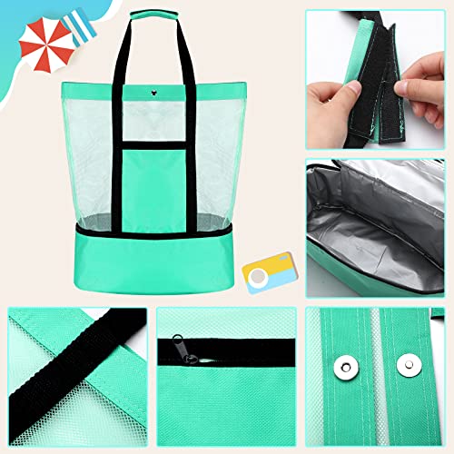Oudain 3 Pcs Beach Bag with Cooler Mesh Beach Tote with Insulated Cooler and Pocket Waterproof Sandproof Beach Tote Bag Swim Pool Bag for Women Summer (Black, Blue and Green)