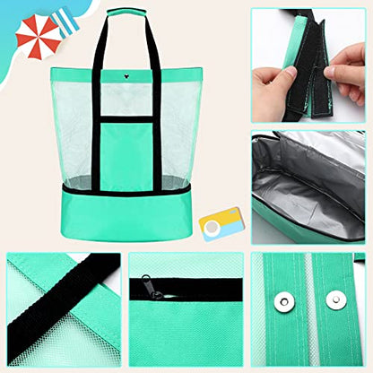 Oudain 3 Pcs Beach Bag with Cooler Mesh Beach Tote with Insulated Cooler and Pocket Waterproof Sandproof Beach Tote Bag Swim Pool Bag for Women Summer (Black, Blue and Green)