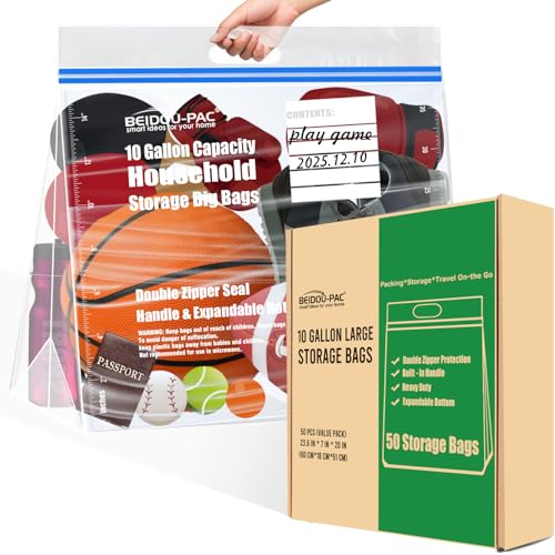 BEIDOU-PAC 10 Gallon Large Storage Bags with Handle, 50 Counts | Double Zipper Seal | Expandable Bottom, Resealable Clear zip Bags for Home, Travel, Moving Commercial and Outdoor - style: Zip-10 gallon-50