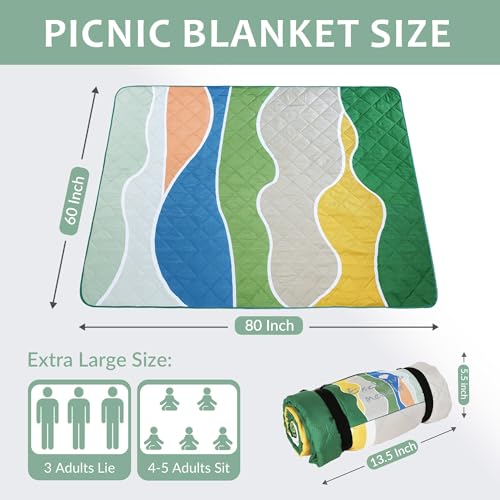 Exclusivo Mezcla Extra Large Waterproof Picnic Blankets 3 Layer, Sandproof and Foldable Outdoor Blanket for Beach Camping, Park and Travel - color: Waved Green