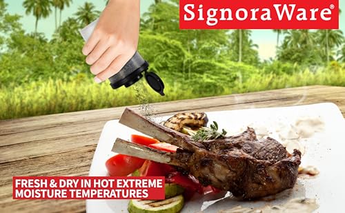 SIGNORAWARE Salt and Pepper Shakers Moisture Proof Set of 2 Large Salt Shaker to go Camping Picnic Outdoors Kitchen Lunch Boxes Travel Spice Set Clear with Red Covers Lids Plastic Airtight Dispenser - color: Black/White