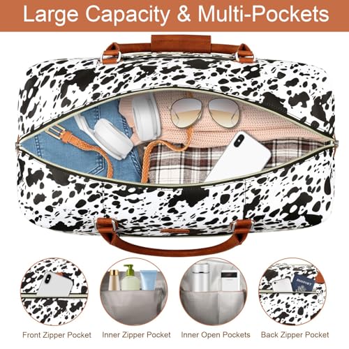 ITIEZY Weekender Overnight Bag for Women - Large Travel Duffel Bag with Shoe Compartment, Gym Duffel Bag Hospital Bag Carry On Tote Bags for Airplanes with Crossbody Bag Toiletry Bag 3Pcs Set - color: 5-Black Cow