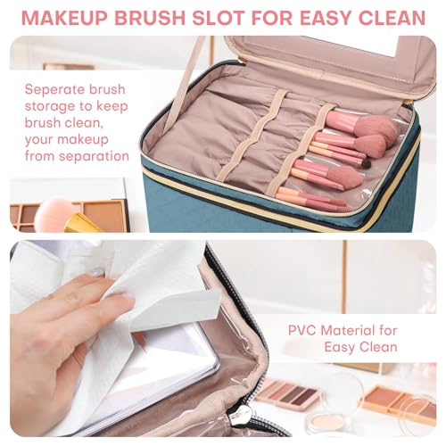 HXLGMD Large Makeup Bag with Mirror Double Layer Travel Make Up Organizer Case, Large Capacity Coemetic with Brush Slot Divider, Travel Toiletry Bag for Women (Lake Blue) - color: Lake Blue