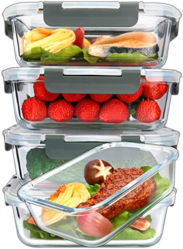M MCIRCO [5-Packs, 36 Oz Glass Meal Prep Containers with Snap Locking Lids Glass Food Containers,Airtight Lunch Container,Microwave, Oven, Freezer and Dishwasher (4.5 Cup) - color: Gray