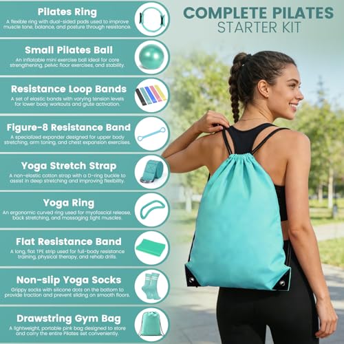 Pilates Kit for Women 13PCS, Pilates Ring and Ball Set with Magic Circle, Resistance Bands Set, Figure 8 Band, Yoga Ring & Grip Socks, Home Workout Equipment Essentials Starter Kit for Beginners - color: Teal