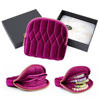 2026 New Travel Jewelry Case, Small Travel Jewelry Bag with Zipper, 5-Layer velvet Travel Jewelry Pouch for Bracelet Rings Earring, chain,pendants,Bracelet (Rose Violet) - color: Rose Violet