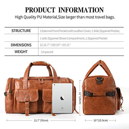 Zeroway PU Leather Travel Duffel Bag with Shoe Pouch Large Carry on Bag Waterproof Weekender Overnight Bag for Men Women Brown - color: Brown