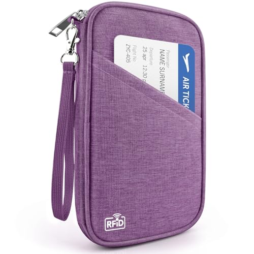 Passport Holder Family RFID Travel Document Organizer for Women Waterproof Passport Wallet Men Portable Case for Cards, Boarding Pass, ID, Money, Tickets with Zipper - color: A-Family-Light Purple