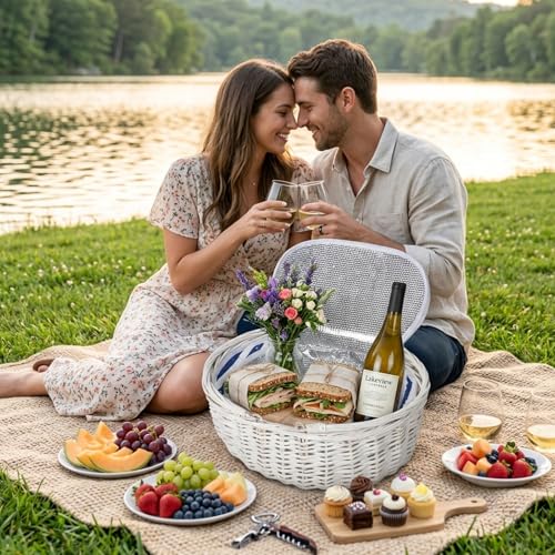 Wicker Picnic Basket with Insulated Lined Bag 15“ x 11” x 7“ Blue, White Star Stripe Pattern, Iced Beer Insulated Bag for Camping, Picnics, Birthday Gifts, Wedding Gifts - color: Blue and White Star Stripes