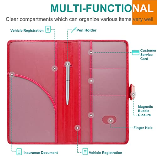 RSAquar Car Registration and Insurance Holder, Leather Car Glove Box Organizer, Cool Car Accessories for ID, Driver's License Cards & Essential Document, Men&Women, Red - color: Red