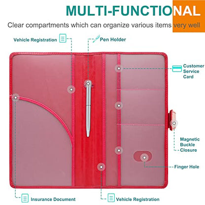 RSAquar Car Registration and Insurance Holder, Leather Car Glove Box Organizer, Cool Car Accessories for ID, Driver's License Cards & Essential Document, Men&Women, Red - color: Red