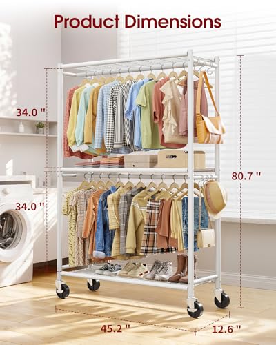 Sakugi Clothes Rack - Double Hanging Rod Clothing Rack with Wheels & Leveling Feet, Large Capacity Wardrobe Closet with Shelves for Bedroom, Laundry Room, Entryway, 45.2" x 12.6" x 80.7", White - color: White, size: XX-Large
