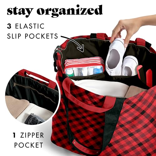 Fit & Fresh XL Beach Tote Bag for Women – XL Travel Tote with Zipper & Pockets, Oversized Canvas Pool Bag, Weekender Carry-On - color: Red Checkered
