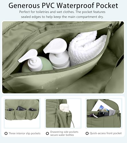 Lightweight Travel Duffle Bag for Women, Quilted Puffy Weekender with Wet Pocket for Gym, Overnight, Personal Item Carry On, Green - color: Green