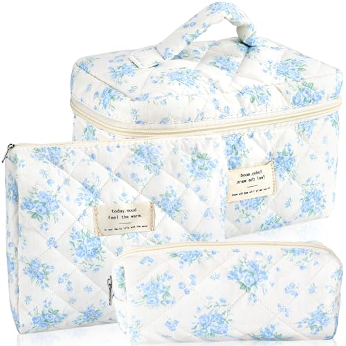 URSKYTOUS 3Pcs Cotton Quilted Makeup Bag for Women Girls Large Small Travel Floral Cosmetic Bags Set Cute Coquette Zipper Makeup Pouch for Purse Aesthetic Cloth Flower Storage Toiletry Bag Organizer - color: MN 3PCS Pale Blue