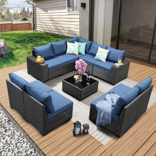 JOYURE 10 Pieces Patio Furniture Set All-Weather Outdoor Wicker Sectional Conversation Sofa Rattan Patio Seating Sofa with Cushion and Glass Table for Porch Poolside,Navy - color: Navy, size: 10 pieces set