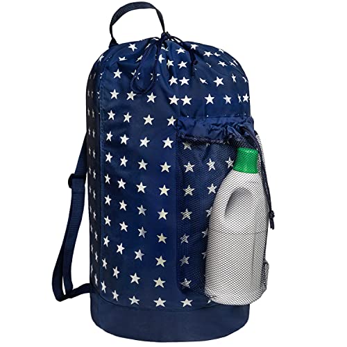 Dalykate Backpack Laundry Bag, Laundry Backpack with Shoulder Straps and Mesh Pocket Durable Nylon Clothes Hamper Bag with Drawstring Closure for College, Travel, Laundromat, Apartment - color: Starry Blue