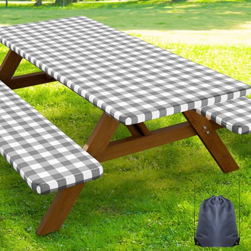 Smiry Picnic Table Cover with Bench Covers, Waterproof Elastic Fitted Tablecloths for 5 Foot Rectangle Tables, Washable Buffalo Plaid Tablecloth for Camping, Outdoor (Grey & White, 30"x60") - color: Grey and White, size: 30" x 60"