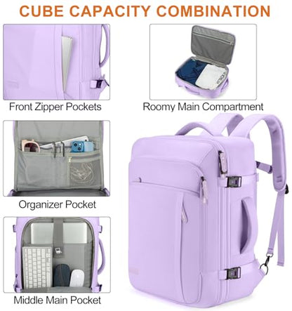 Lumesner Carry on Travel Backpacks, Extra Large 40L Flight Approved Bag for Men & Women,Expandable Suitcase Backpack With 4 Packing Cubes,Water Resistant Luggage Daypack Business Weekender Bag, Purple - color: Purple