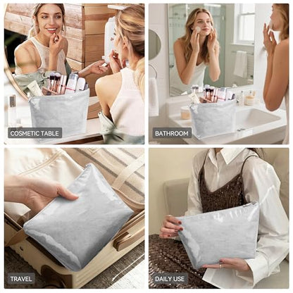 WLLWOO PVC Waterproof Makeup Bag Kraft Paper Cosmetic Bag Travel Toiletry Zipper Pouch Organizer for Women Purse - color: PVC-Silver