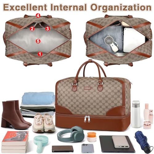 ITIEZY Weekender Overnight Bag for Women - Large Travel Duffel Bag with Shoe Compartment, Gym Duffel Bag Hospital Bag Carry On Tote Bags for Airplanes with Crossbody Bag Toiletry Bag 3Pcs Set - color: 9B-Light Brown