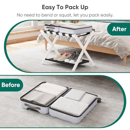 Smuxee White Bamboo Luggage Rack for Guest Room, Foldable Suitcase Stand with Storage Shelf, Easily Assembled Luggage Stand with 5 Nylon Straps for Guest Room Bedroom Hotel - color: White 1PCS