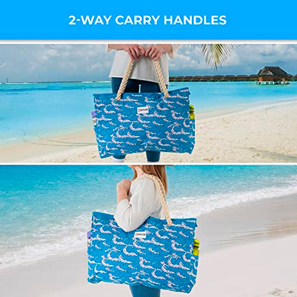 Beach Bag and Pool Bag Has Cooler Pocket, 7 Pockets Total, Zip Top. Family Size Waterproof Beach Tote - color: Ocean Waves