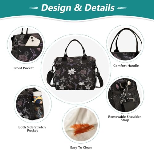 Bat Floral Black Lunch Bag & Lunch Box for Women with Adjustable Shoulder Belt Insulated Portable Lunch Tote Bag Cooler Bag for Girls Travel Office Picnic（Medium） - color: lunch 30, size: Medium