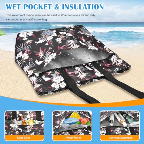 HUANLANG Large Beach Bags for Women Pool Bag with Zipper, Waterproof Sandproof Beach Tote Travel Bag with Wet Pocket - color: Black Floral