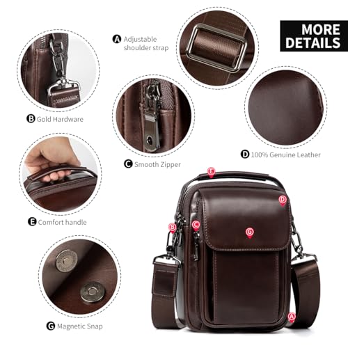 Augus Leather Small Messenger Bag For Men Crossbody Handbag Shoulder Sling Travel Bags for Men Purse Daypack Magnetic Buckle - color: Coffee