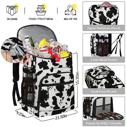 Cooler Backpack Insulated Leakproof Waterproof Backpack Cooler Bag 30/45 Cans, Large Capacity Lightweight Travel Camping Beach Backpack Cooler Ice Chest for Men and Women - color: cowprint, size: 30 Cans