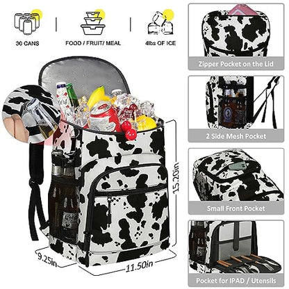 Cooler Backpack Insulated Leakproof Waterproof Backpack Cooler Bag 30/45 Cans, Large Capacity Lightweight Travel Camping Beach Backpack Cooler Ice Chest for Men and Women - color: cowprint, size: 30 Cans