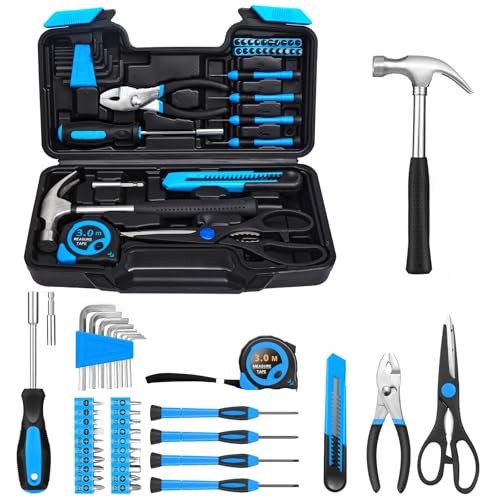 39 Piece Basic Home Tool Set Household Tool Set General Repair Small Hand Tool Kit in Toolbox Storage Case for Home Garage Office College Dormitory Use, Blue - color: Bule