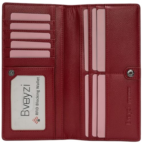 Bveyzi Ultra Slim Thin Leather RFID Blocking Credit Card Holder Bifold Clutch Wallets for Women - color: Wine Red