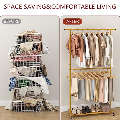 Sywhitta Double Rod Clothing Garment Rack, Rolling Coat Hanger with Bottom Mesh, Clothing Rack for Hanging Clothes, Coats, Skirts, Sweaters, Gold - color: Gold, size: With mesh