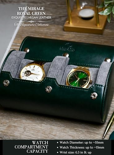 2 Watch Travel Case for Men- Watch Roll Holder and Display - Royal Green Swiss Motif Vegan Leather - color: Green - Royal