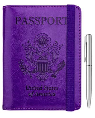 WALNEW Passport Holder for Travel, RFID Passport Cover Wallet for Women Men, PU Leather Passport Book Card Holder Case with Pen (Elastic Band Closure, A-Purple) - color: A-Purple, style: Elastic Band Closure