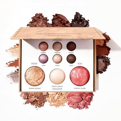 Multifunctional Makeup Palette - 6 Eyeshadows + 3 Face Powders, Neutral Shades, Cruelty-Free, Inspired by Premium Tuscan Palettes (White)